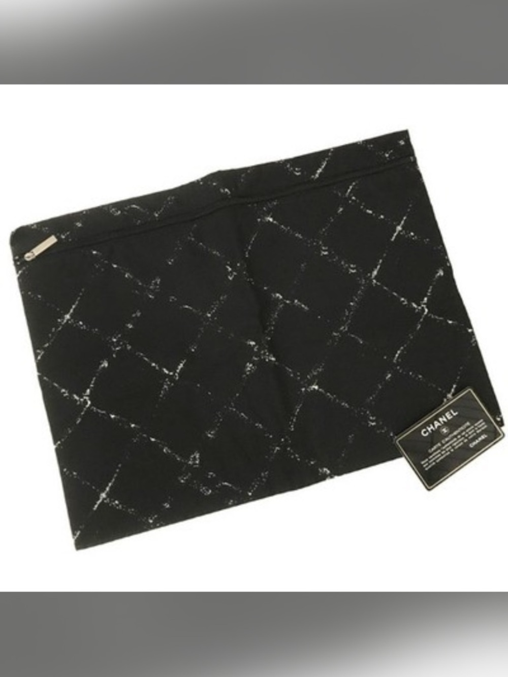 CHANEL Black Quilted-Print Zip Pouch with White Detailing